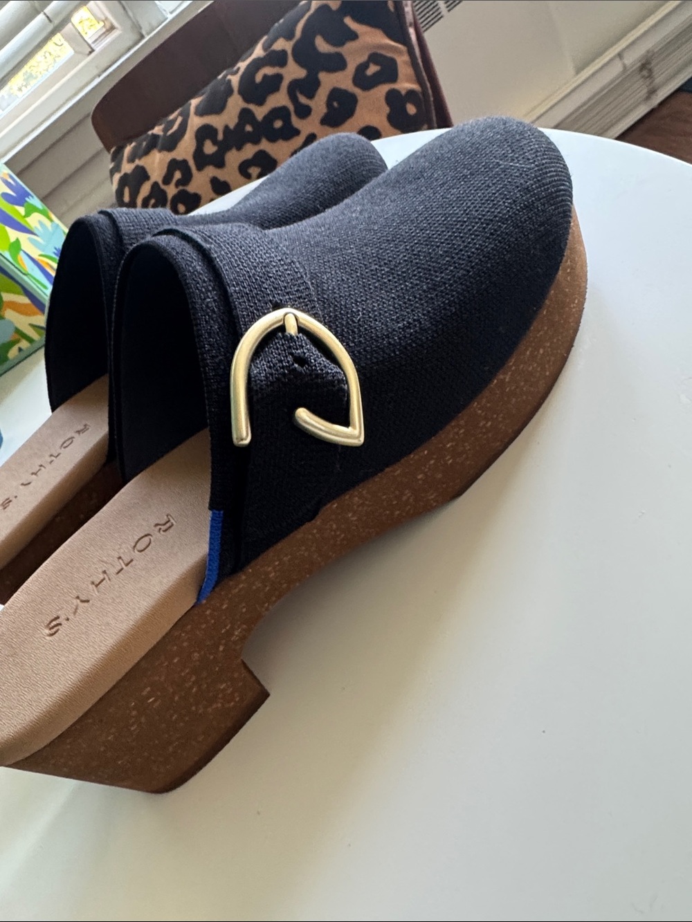 Rothy's Black Platform Slingback Clog with Gold Accent